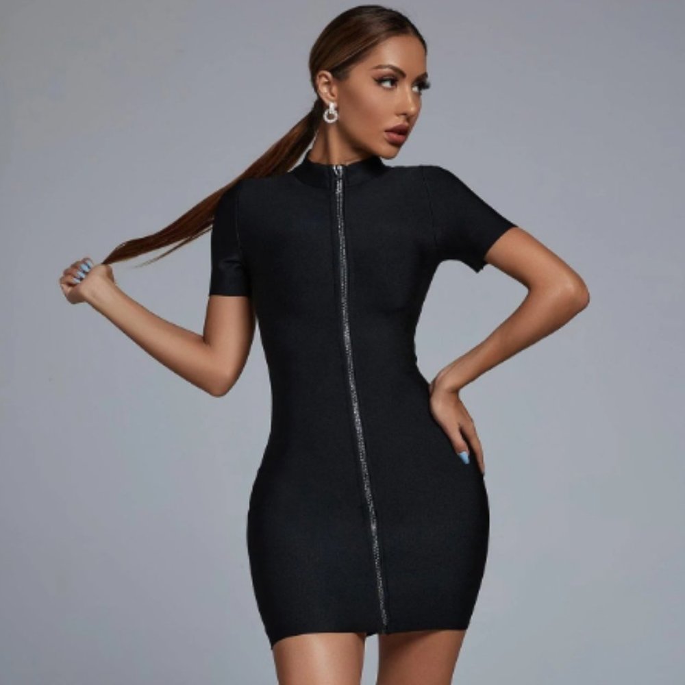Zip Mini Cocktail Dress - Black